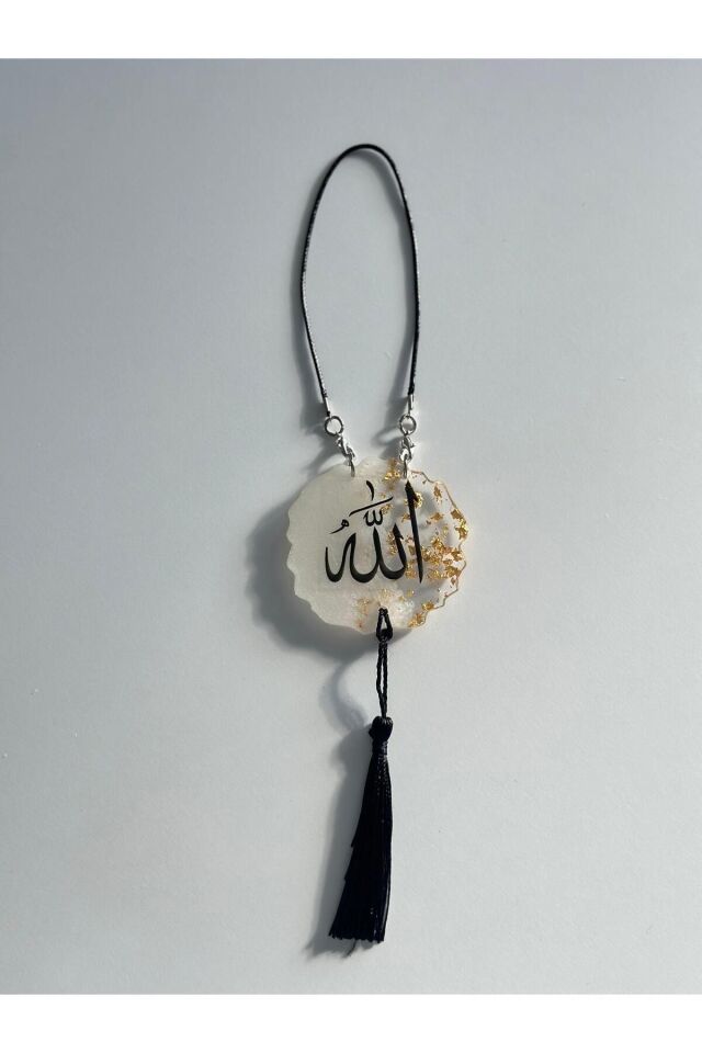 Allah Yazılı Metalik Beyaz Gold Varaklı Püsküllü Epoksi Dikiz Ayna Süsü Araba Süsü Hediyelik Epoksi