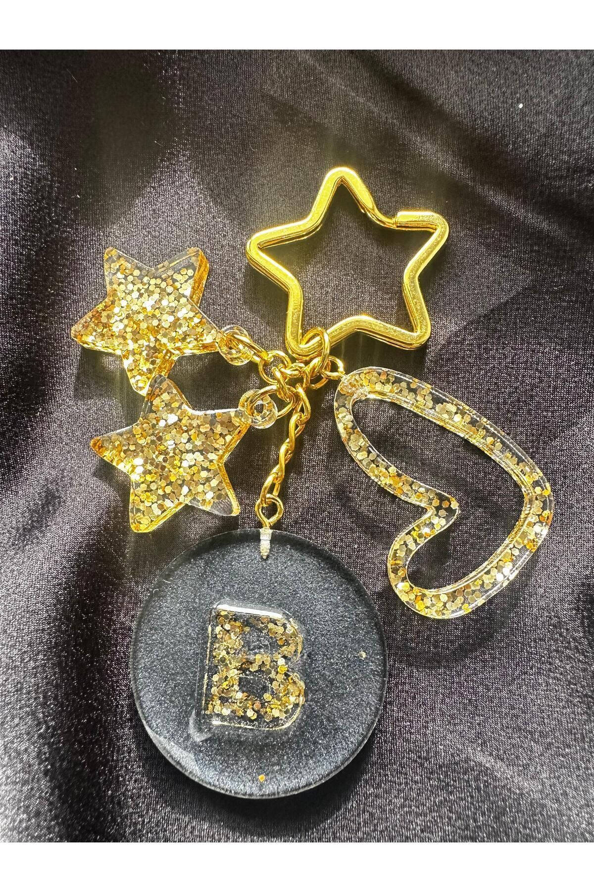 B HARF GOLD SİMLİ DAİRE TASARIM EKSTRA FİGÜRLÜ EPOKSİ HARF ANAHTARLIK HEDİYELİK ANAHTARLIK