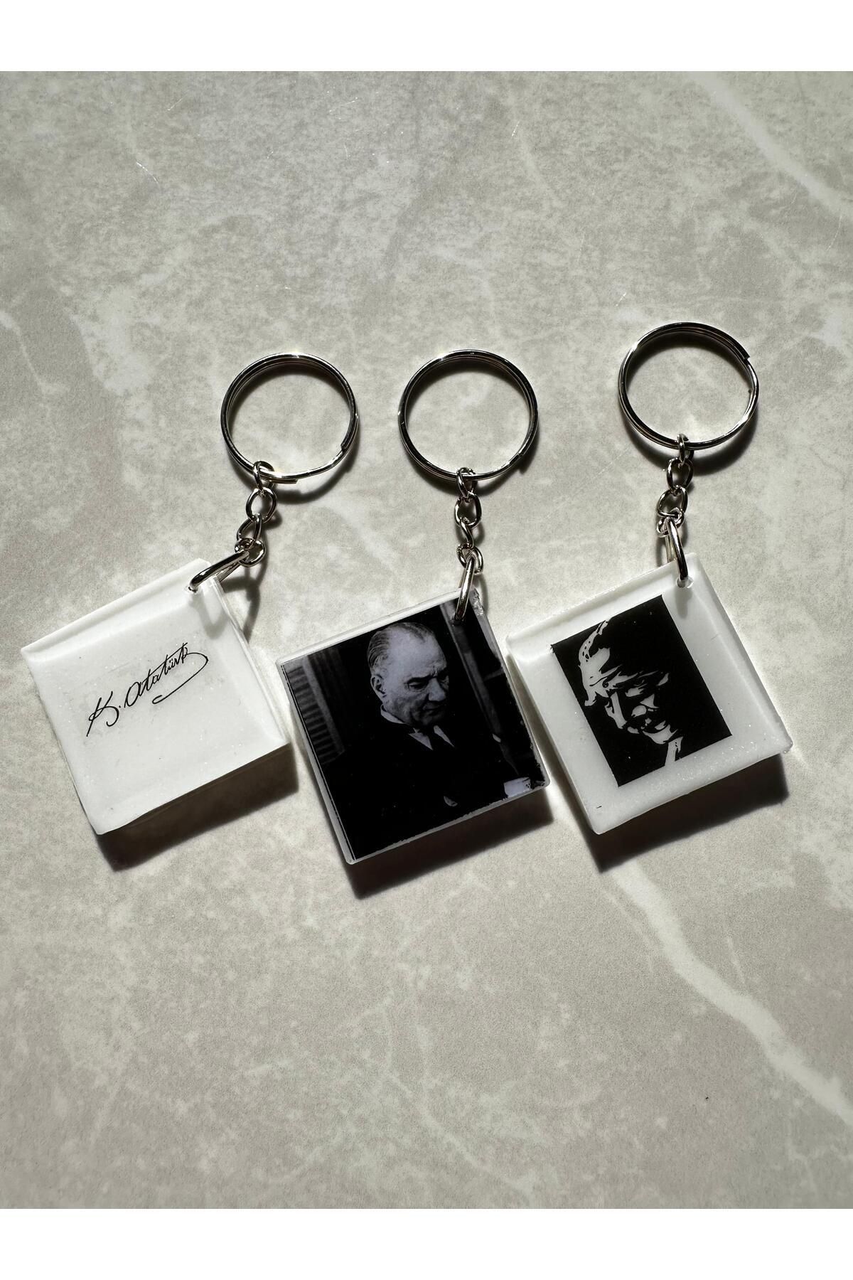 3 adet Atatürk Anahtarlık İmza Fotoğraf Karakalem Baskılı Epoksi Hediyelik Anahtarlık