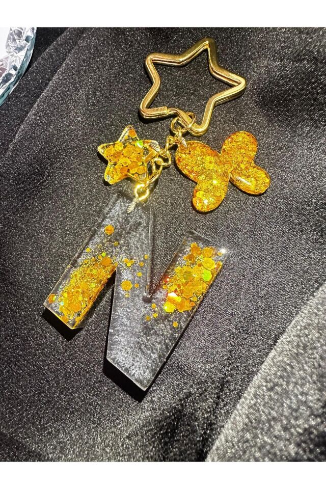 N Harf Antrasit Gri Renk Gold Glitter Pullu Yıldız Halka Kancalı Epoksi Harf Anahtarlık Hediyelik