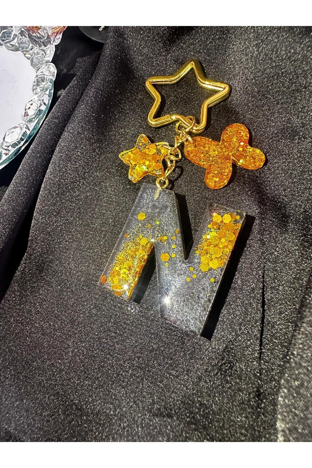 N Harf Antrasit Gri Renk Gold Glitter Pullu Yıldız Halka Kancalı Epoksi Harf Anahtarlık Hediyelik