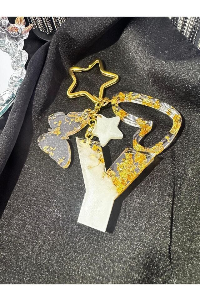 Y Harf Sedefli Beyaz Renk Gold Varaklı Vıp Ekstra Figürlü Epoksi Harf Anahtarlık Hediyelik