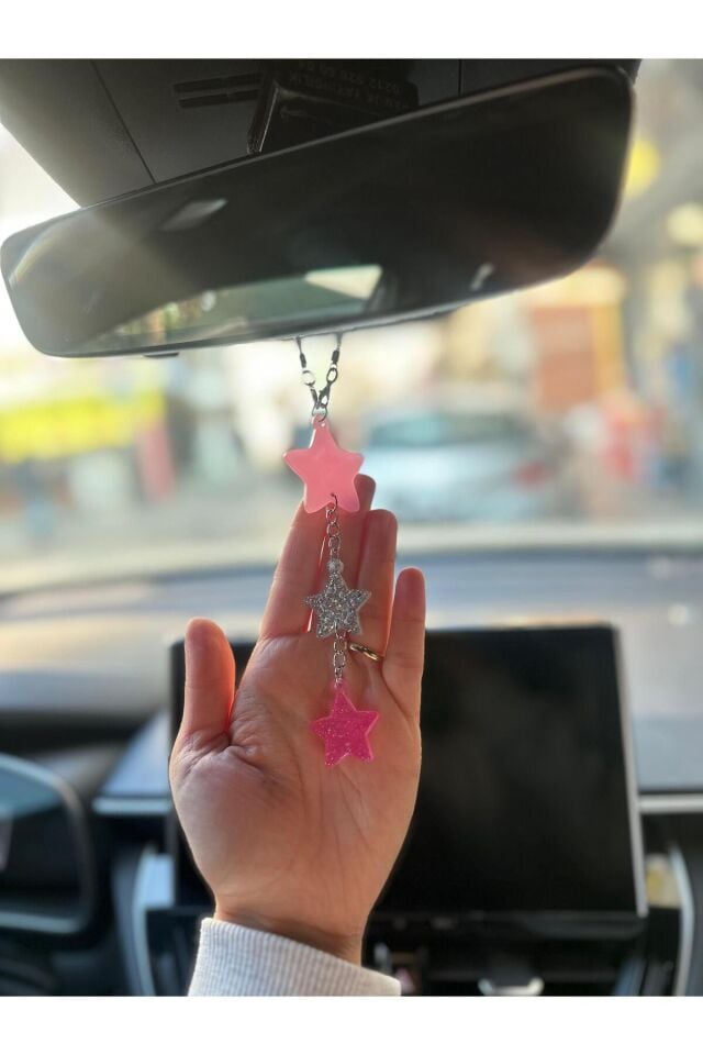 Pembe ve Gümüş Simli Yıldızlar Epoksi Dikiz Ayna Süsü Hediyelik Araba Süsü