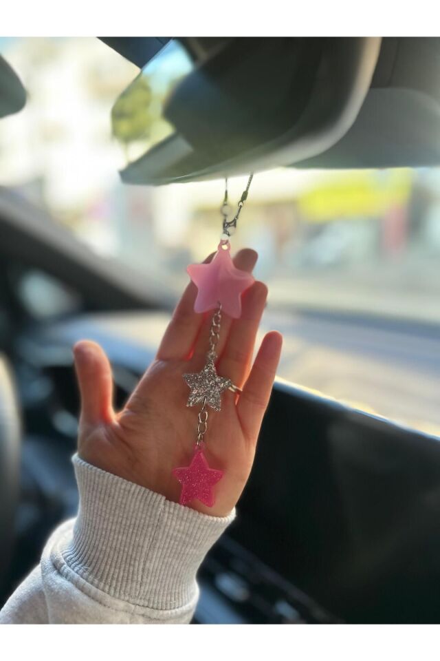 Pembe ve Gümüş Simli Yıldızlar Epoksi Dikiz Ayna Süsü Hediyelik Araba Süsü