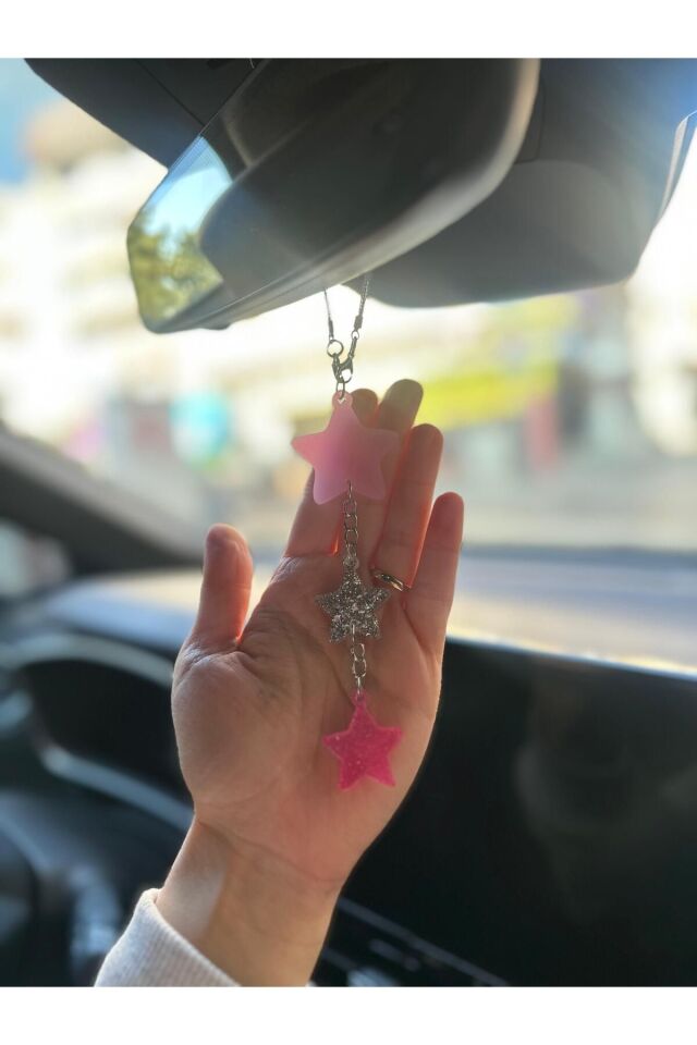 Pembe ve Gümüş Simli Yıldızlar Epoksi Dikiz Ayna Süsü Hediyelik Araba Süsü