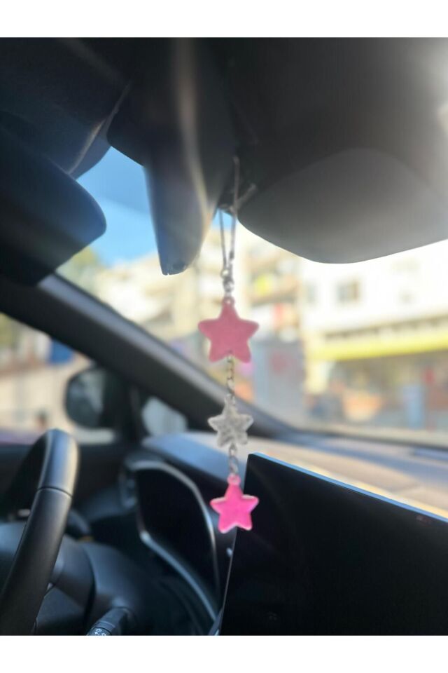 Pembe ve Gümüş Simli Yıldızlar Epoksi Dikiz Ayna Süsü Hediyelik Araba Süsü