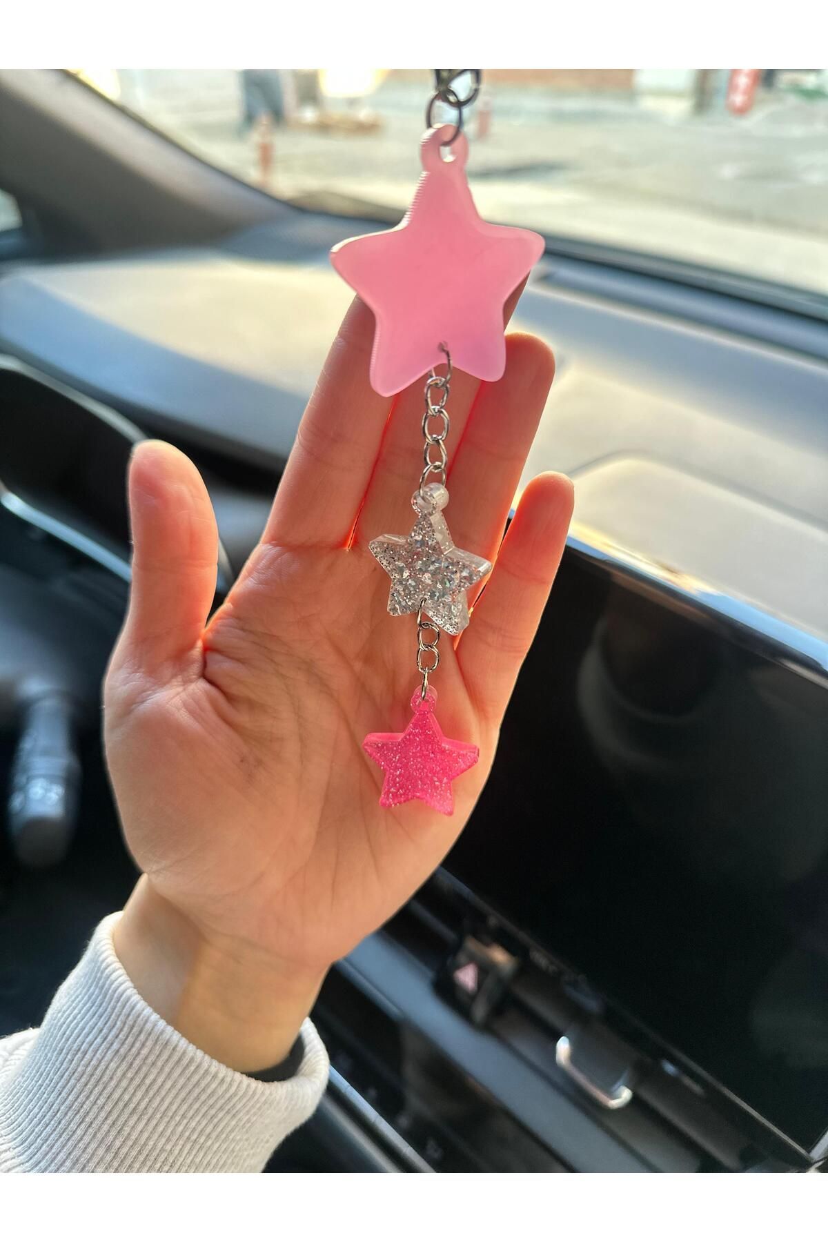 Pembe ve Gümüş Simli Yıldızlar Epoksi Dikiz Ayna Süsü Hediyelik Araba Süsü