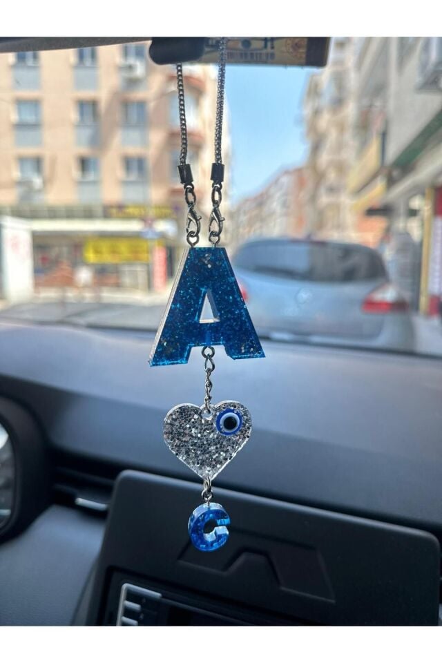 A Harf Eş Harfli Mavi Simli Gümüş Renk Kalpli Epoksi Dikiz Ayna Süsü Sevgililer Günü Hediyelik