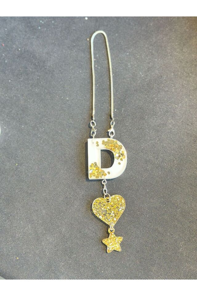 D Harf Beyaz Zemin Üzeri Gold Pullu Epoksi Dikiz Ayna Süsü Hediyelik