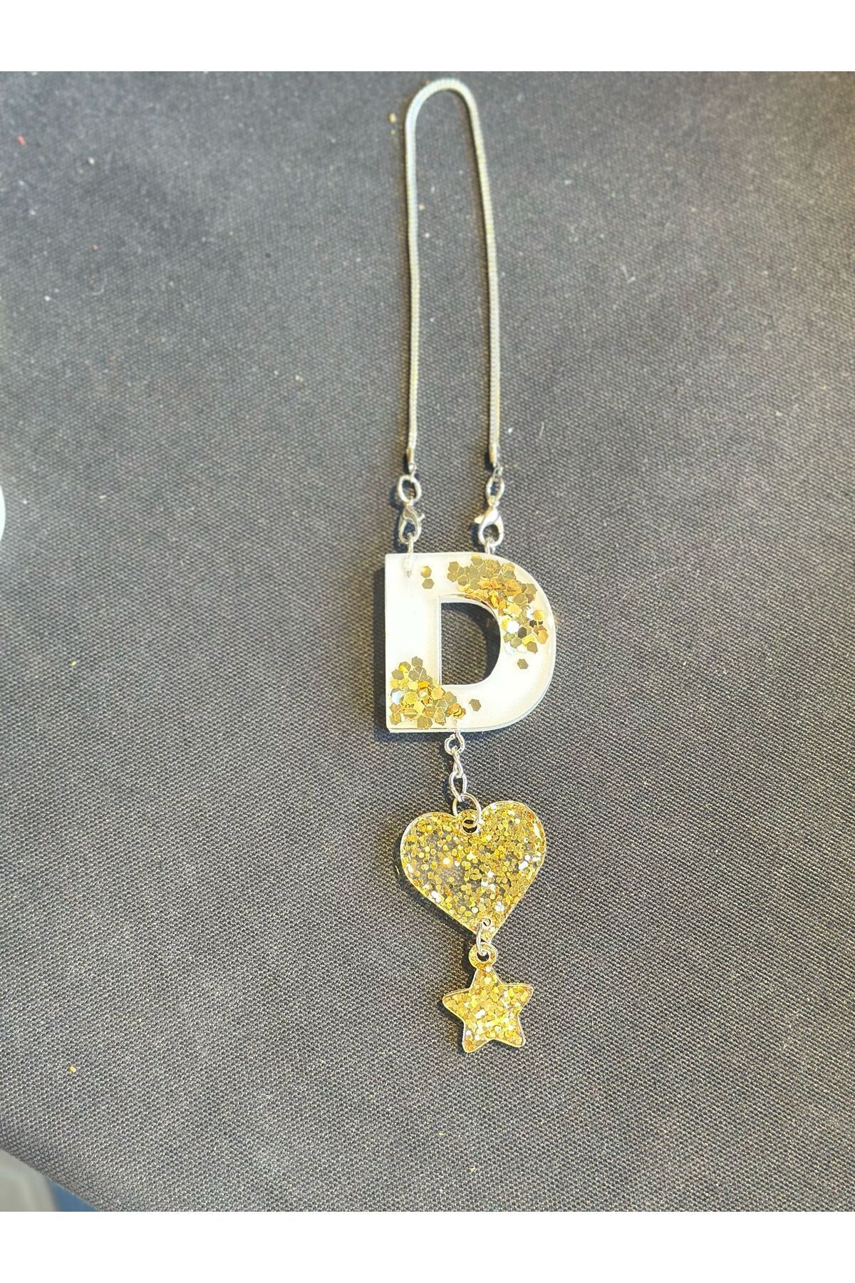 D Harf Beyaz Zemin Üzeri Gold Pullu Epoksi Dikiz Ayna Süsü Hediyelik