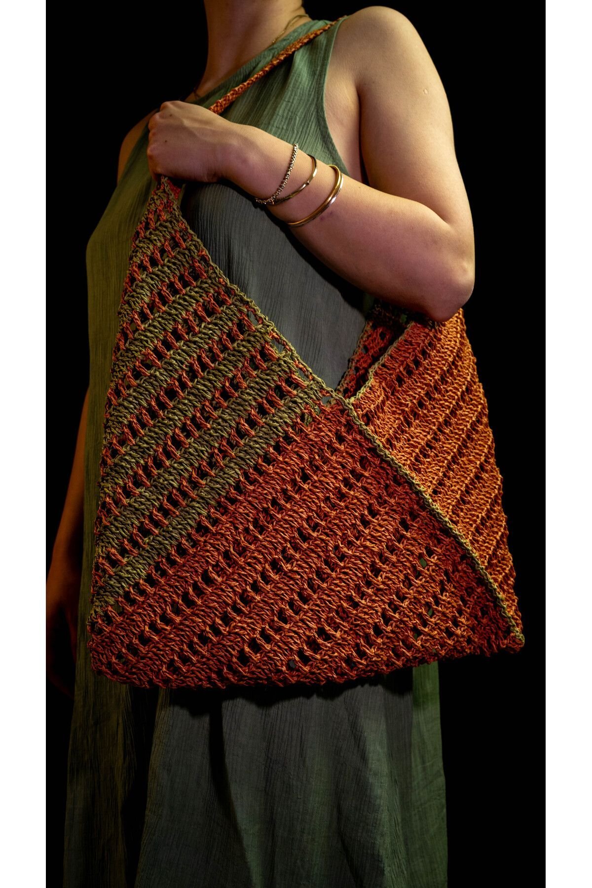Kağıt İpten El Örgüsü Omuz Askılı Haki & Kiremit Yazlık Plaj Çantası -Omuz Çantası 41x23 cm