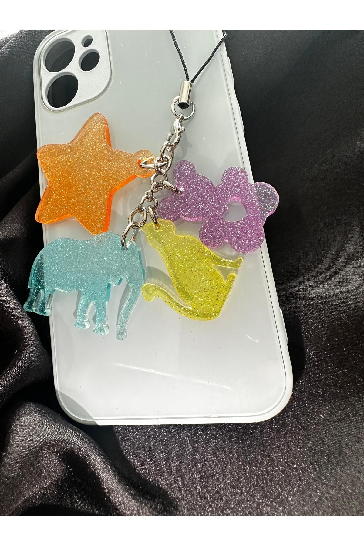 Fil Yıldız Kedi Ayıcık Motifli Çok Renkli Simli Epoksi Telefon Charmı Telefon İpi Telefon Aksesuarı