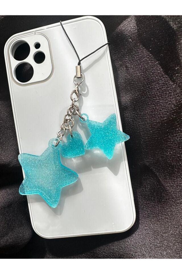 2 Yıldız ve Küçük Kalp Motifli Simli Mavi Renk Epoksi Telefon Charmı Telefon İpi Telefon Aksesuarı