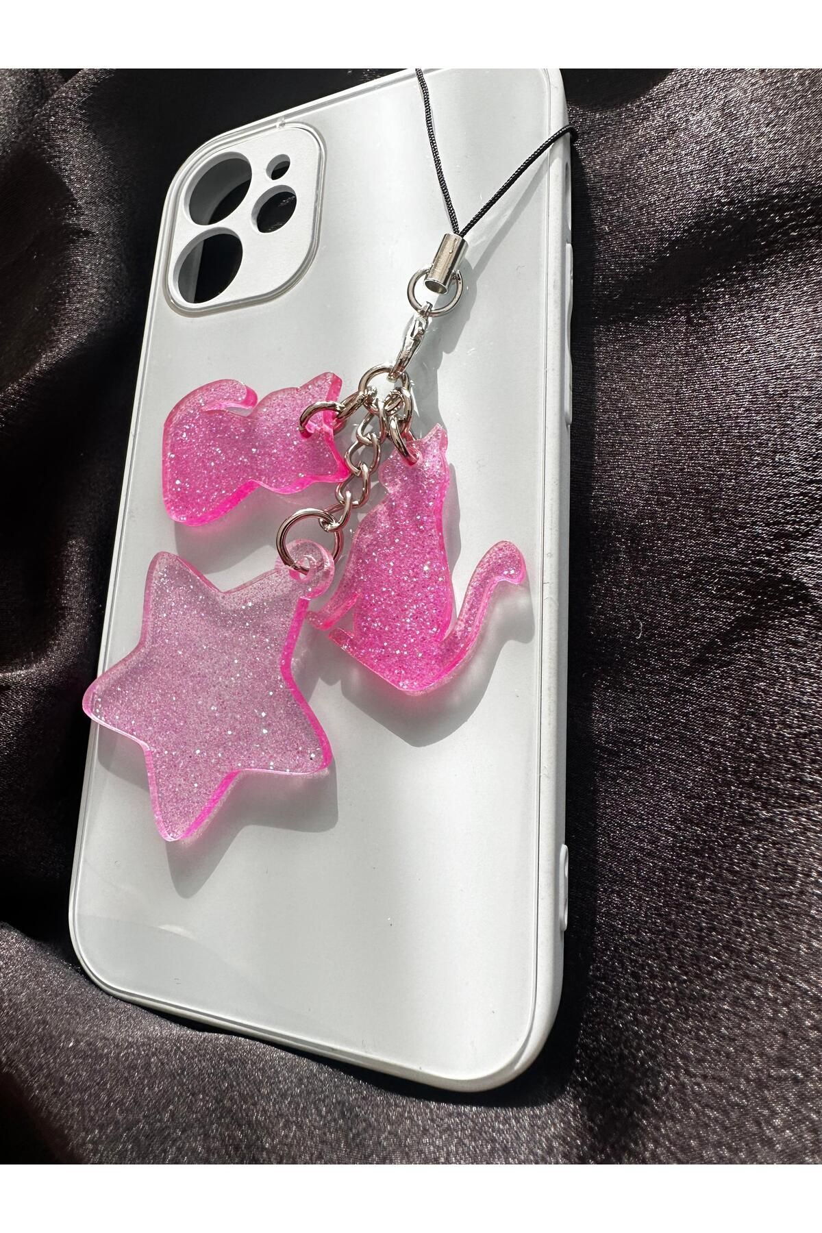 Yıldız Kedi Motifli Simli Epoksi Telefon Charmı Telefon İpi Telefon Aksesuarı PEMBE