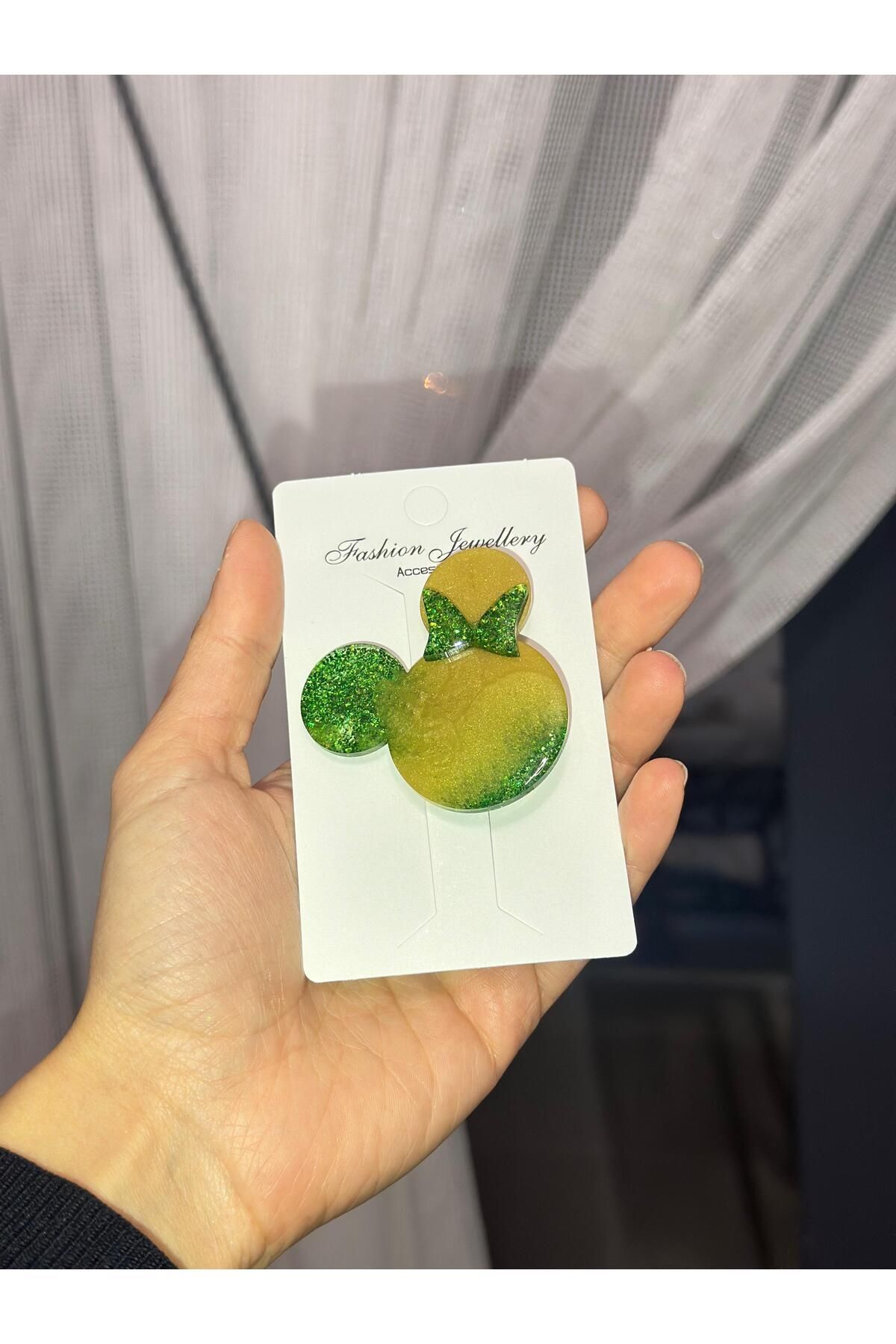 MİNY Desen Simli/Glitterli Parlak Epoksi Çocuk/Genç Pens Toka Hediyelik Toka YEŞİL SARI